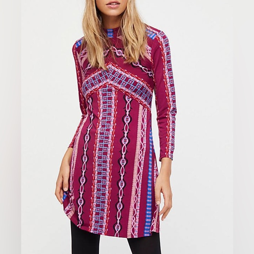 Free People Stella Mini Dress long sleeve hippie Purple Boho 70s zise M